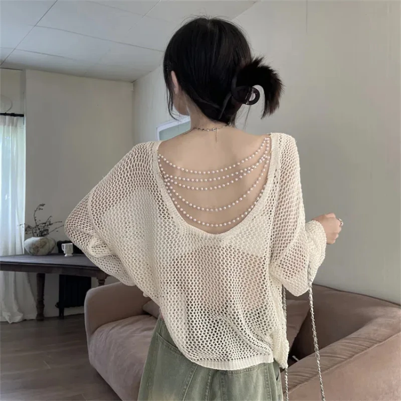 Solid Backless Pearl Chain Loose Knitting Pullovers Summer New Round Neck Hollow Out Korean Long Sleeve Loose Women T Shirt Top