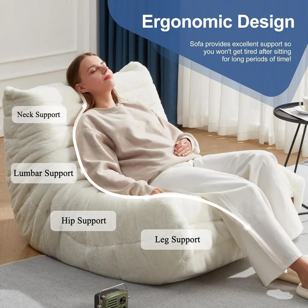 كرسي بين باج من إسفنج الذاكرة العملاق - أريكة من القطيفة من الفرو الصناعي للبالغين، غرفة المعيشة، غرفة النوم، المكتب (أبيض، فردي) #6