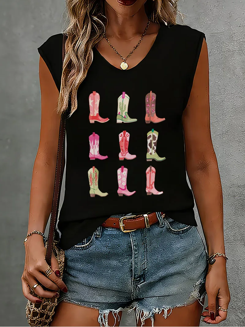 Streetwear Vintage Colorful Shoes Sleeveless Tank Top T-shirt V Neck Casual Fashion Vest Summer  Women Tee Shirt V-Neck