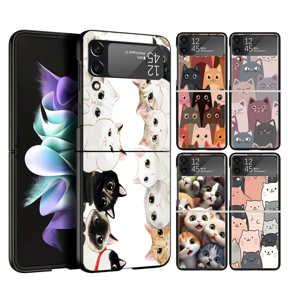 Cartoon Cute Cats Background Case Phone Cover for Samsung Galaxy Z Flip 6 5 4 3 5G ZFlip6 ZFlip5 ZFlip4 ZFlip3 Black Hard Trend