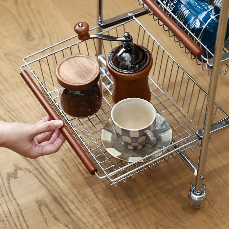 wood Pull-Out Basket Cart, Vintage Storage Rack with Wheels, Multi-Layer Floor Organizer, 360° Rotating Storage Unit with Brakes
