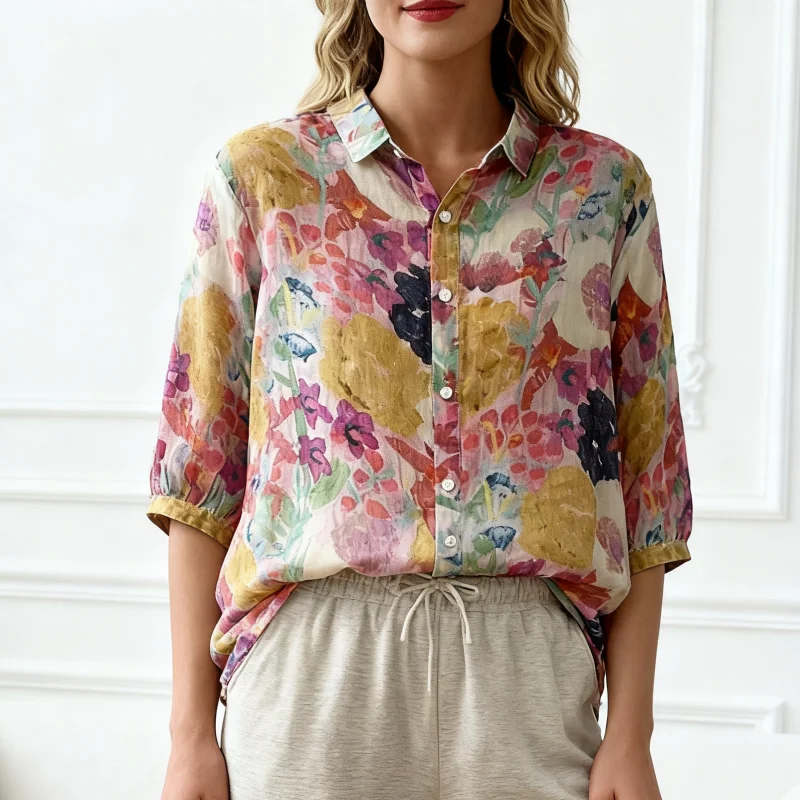 เสื้อแฟชั่นสปริงซัมเมอร์ลำลองลายดอกไม้พิมพ์ลายหลวมๆ เสื้อเชิ้ตผู้หญิงแขนสั้นปกเสื้อแบบเรียบง่ายสไตล์หวานๆ เหมาะสำหรับใส่ไปทำงาน