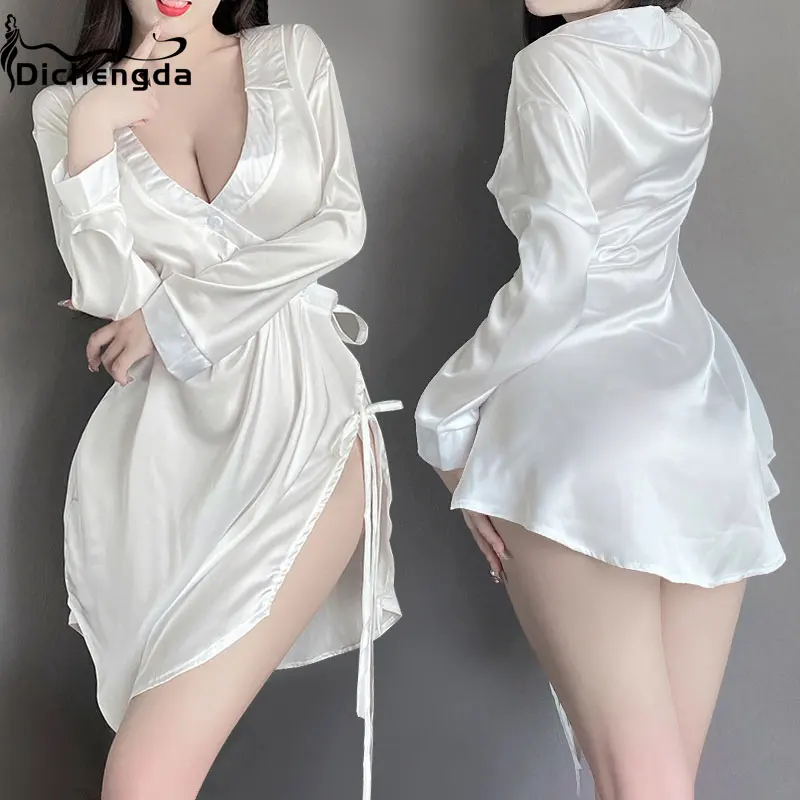 Dichengda Women Sexy Open Chest Sleeping Dress bianco nero scollo a V Mini Dress Girls Lovely High Slipt Night Dress Bandage 2023