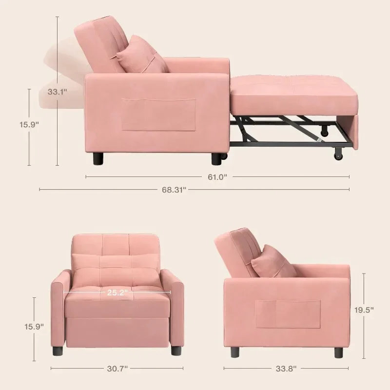 Convertible Chair Bed Sleeper, 3-in-1 Sofa Bed, Adjustable Backrest Armchair with Velvet Fabric for Living Room Apartment, Pink