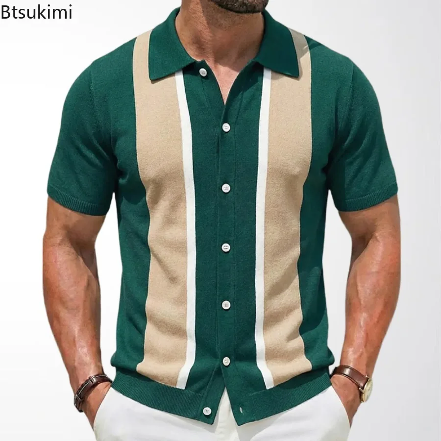 Camisas casuais listradas masculinas, camisa de malha vintage, retalhos respirável britânico, manga curta, polo jacquard empresarial, verão, 2024