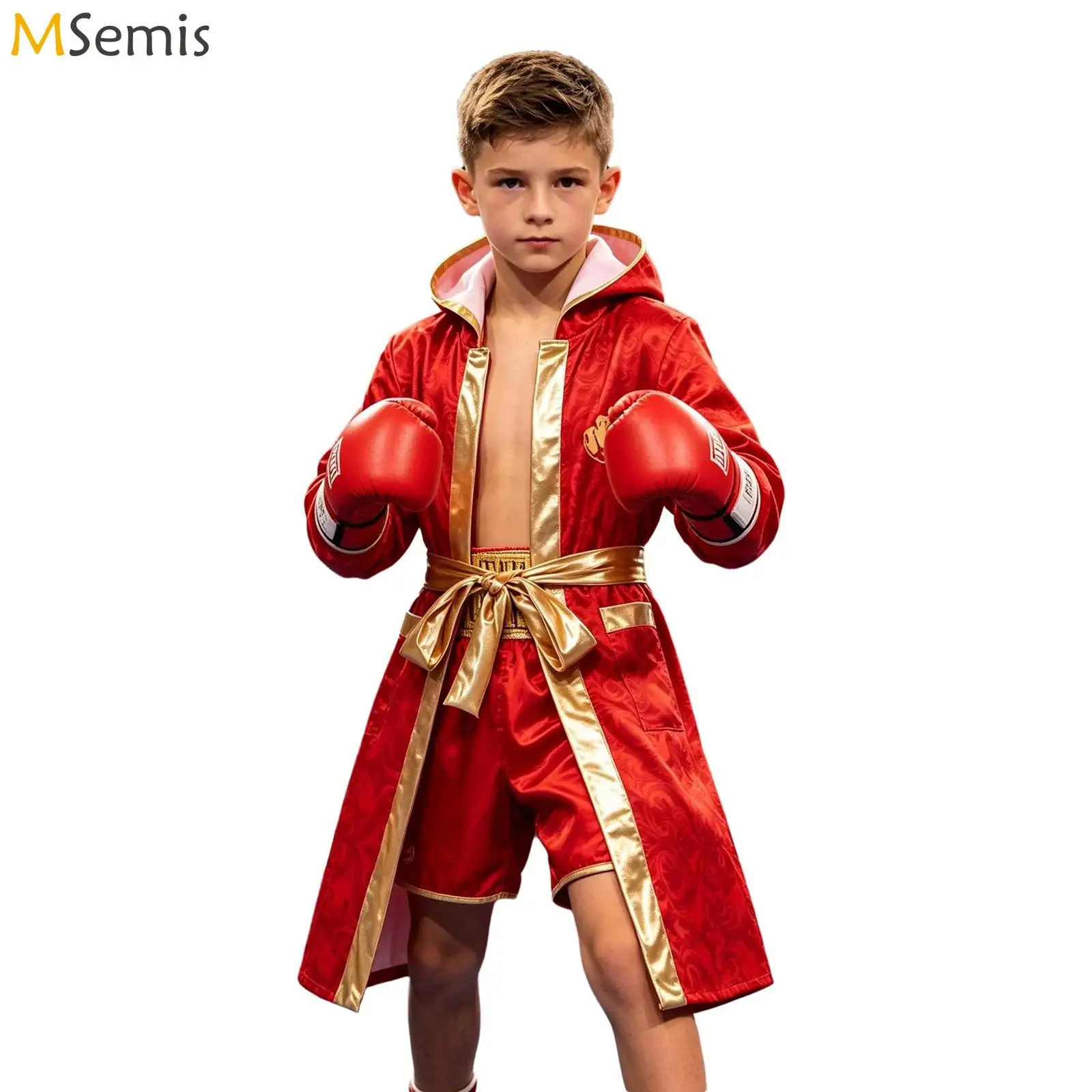 Kids Boys Boxer Halloween Cosplay Costume Long Sleeve Open Front Floral Print Hooded Boxing Robe with Pockets and Metallic Belt