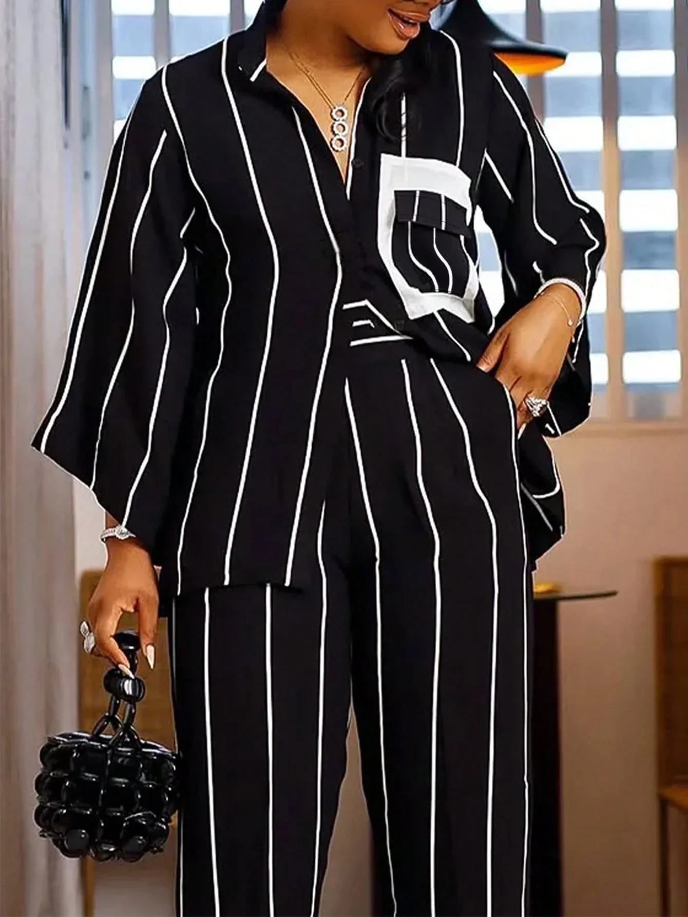

Women 2 Piece Set Casual Striped Long Sleeve Button Down Shirt High Waist Wide Leg Pants