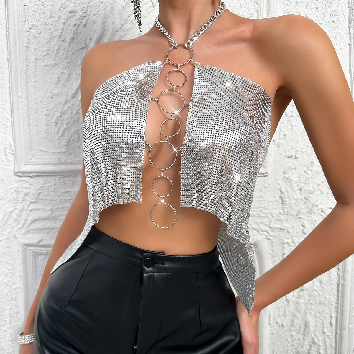 Women Sexy Sliver Metallic Cross Backless Party Top Sparkly O-Ring Cut Out Front Glitter Crop Tank Top