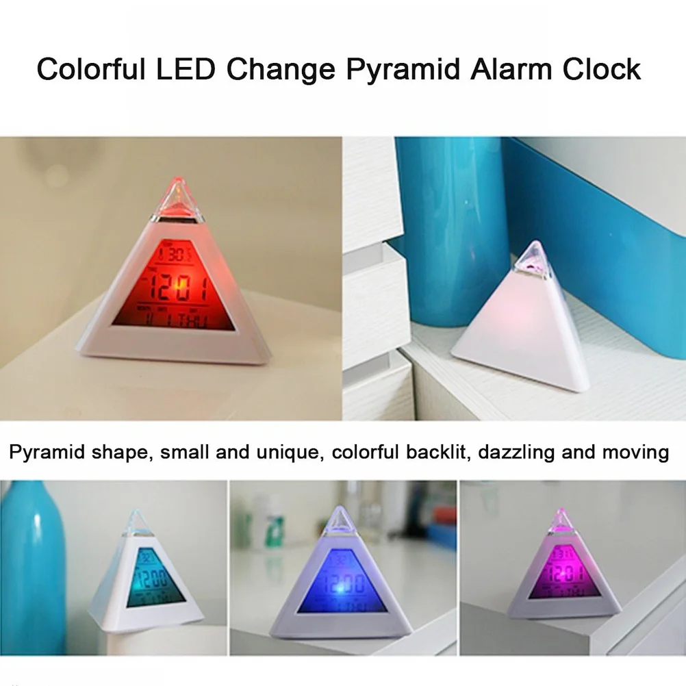 

Multifunctional Digital Alarm Clock Pyramid LED Changing Backlight Indoor Temperature Night Light for Bedroom Office