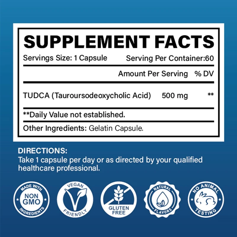 TUDCA 500mg supplement, liver and gallbladder support, true pure bile salt, bitter taste, gluten free, non GMO -60 capsules