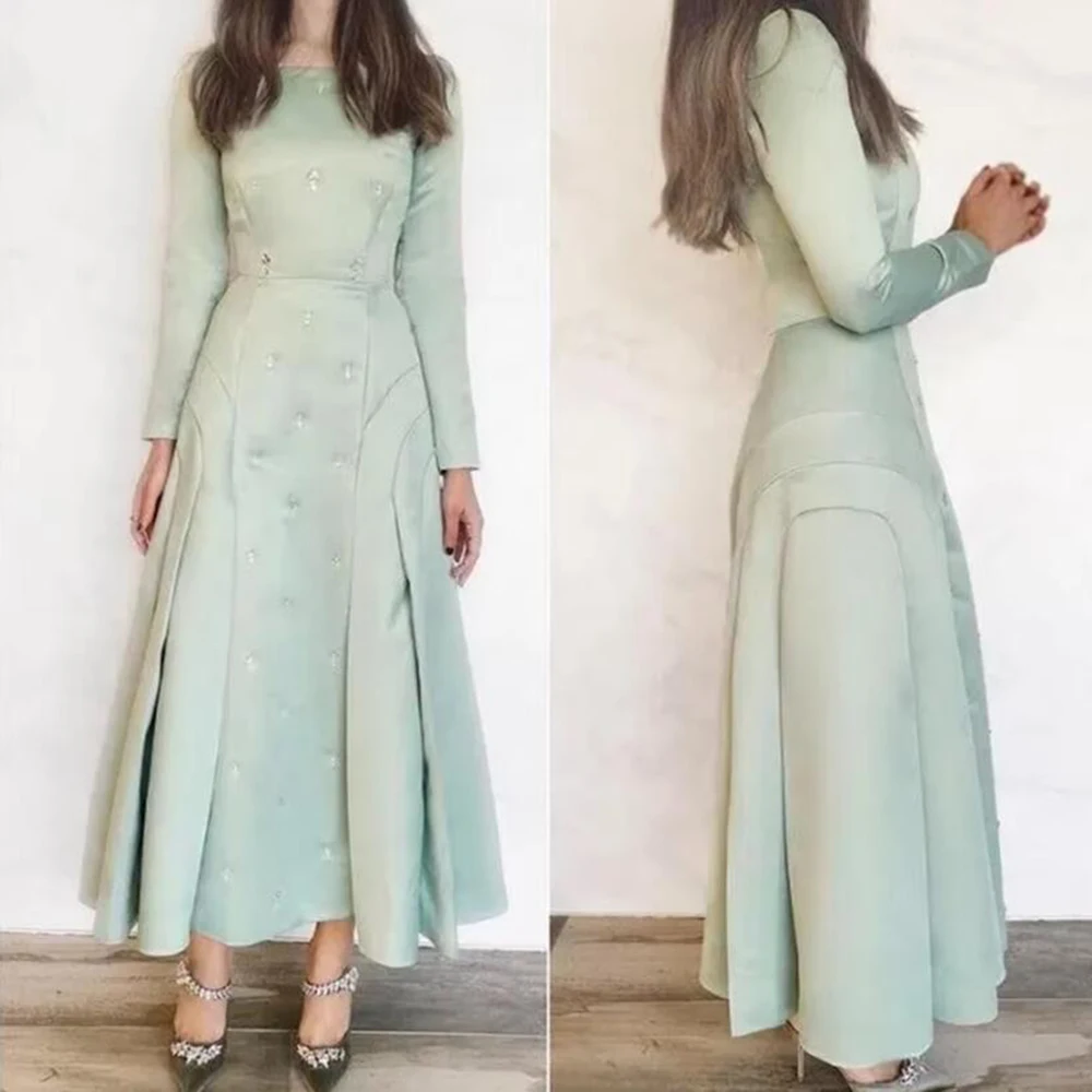 Classy Green Mother of the Bride Dresses Ankle Length A-line Long Sleeves Crystals Elegant Smart Women Prom Banquet Gowns