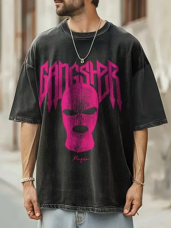 

Phosphor Skull Alien Printed T-Shirt Crew Neck Retro Pullover Shoulder Pure Cotton Men's Short Sleeve New Casual Trend