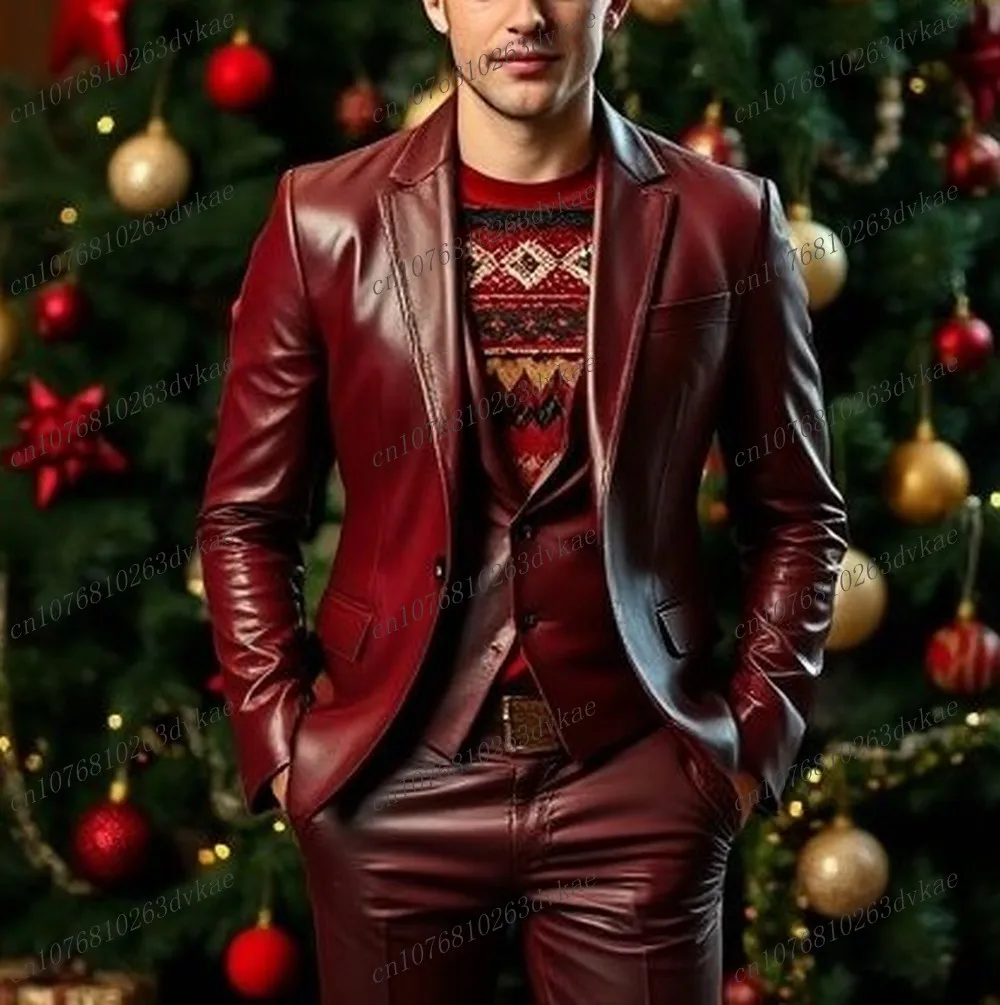 

Новый бордовый кожаный мужской костюм для свадебной вечеринки, формальный жених, жених, выпускного вечера, деловые мужские смокинги, комплект из 3 предметов, куртка, жилет, брюки