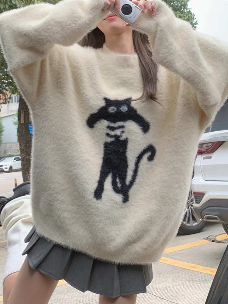 French Winter Elegant Plush Sweater For Women Knitting Sweety Pullovers Full Sleeve Loose Vintage Students Kawaii Cat Sweater