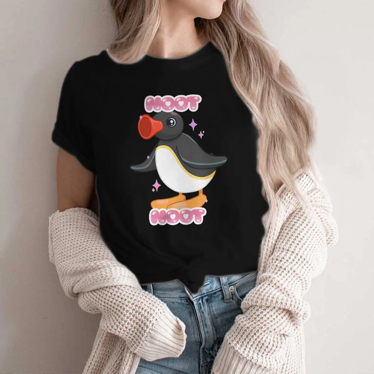 Camiseta de poliéster de cuello redondo Kawaii para mujer, ropa clásica de Pingu