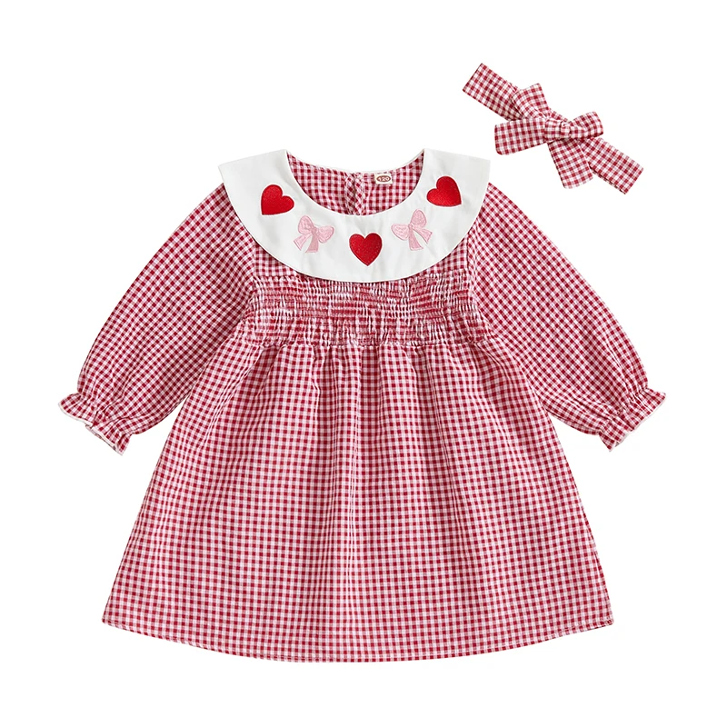 3-6Y Lovely Girls Kids Princess A-Line Plaid Dress Heart Bow Embroidered Smocked Doll Collar Long Sleeve Dresses Hair Band