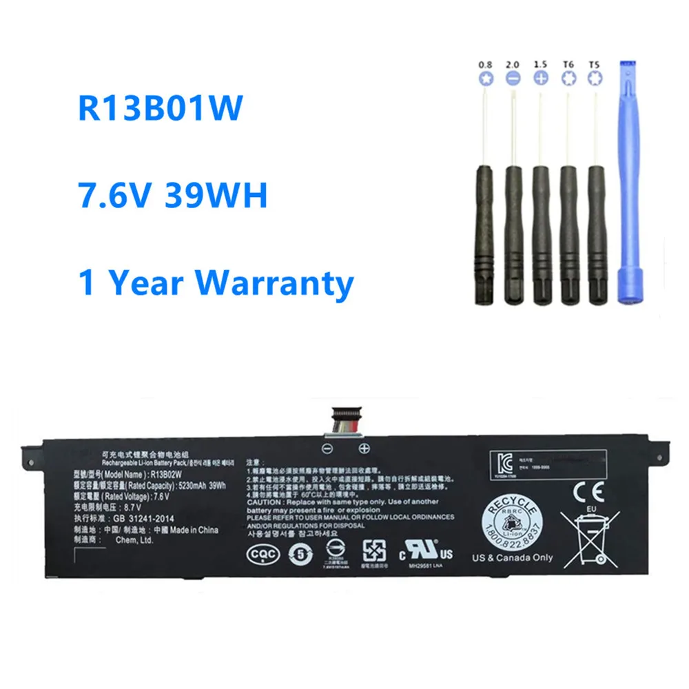 R13B01W R13B02W 5230mAh/39WH Laptop Battery For Xiaomi Mi Air 13.3
