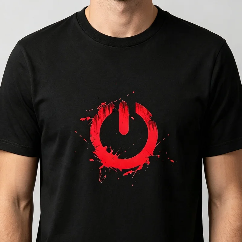 Red Splatter Power Button Symbol Graphic T Shirt Men Gothic Tech Dark Aesthetic Tee Hacker Punk Streetwear Cotton Short Sleeve