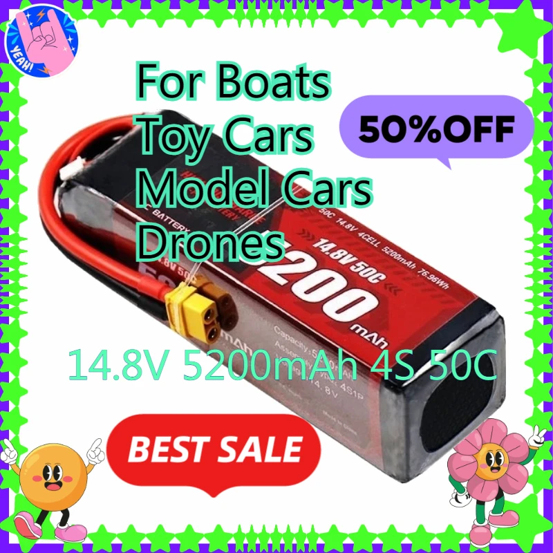 

14.8V 5200mAh 4S 50C Rechargeable Batteries for Boats Toy Cars Model Cars Drones Compatible Lipo Battery