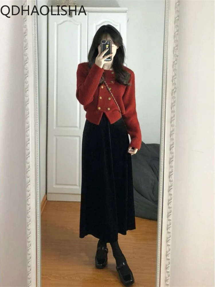 Christmas Sets for Women 2 Pieces Temperament Knit Red Sweater Cardign Slim High Waist Dress Set New Two Piece Set Korea Fashion