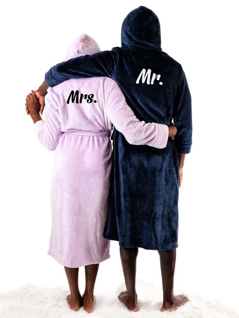 Custom His and Hers Long Bathrobes with Hoodies Honeymoon Gift Anniversary Groom and Bride Wedding Matching Couple Bathrobes