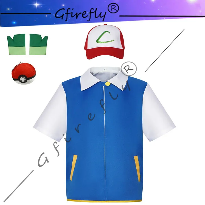 

Adult Kids Ash Ketchum Anime Trainer Cosplay Traje Para Homens E Mulheres Jaqueta Azul Boné E Luvas Halloween Disfraz Party