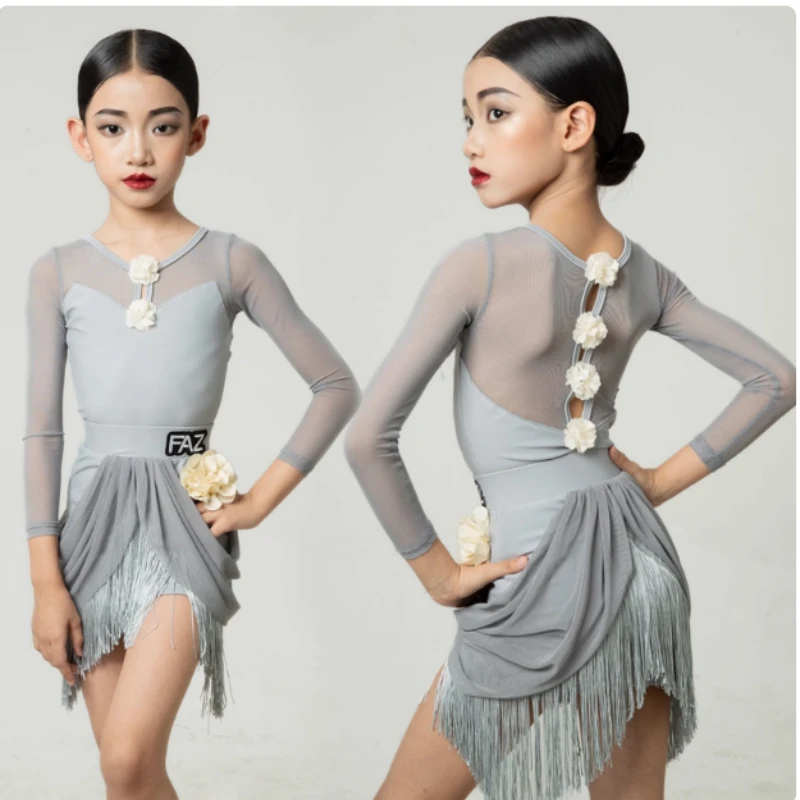 Roupas de treinamento de dança latina infantil, roupas de dança com borla de alta qualidade para crianças, roupas de desempenho de prática