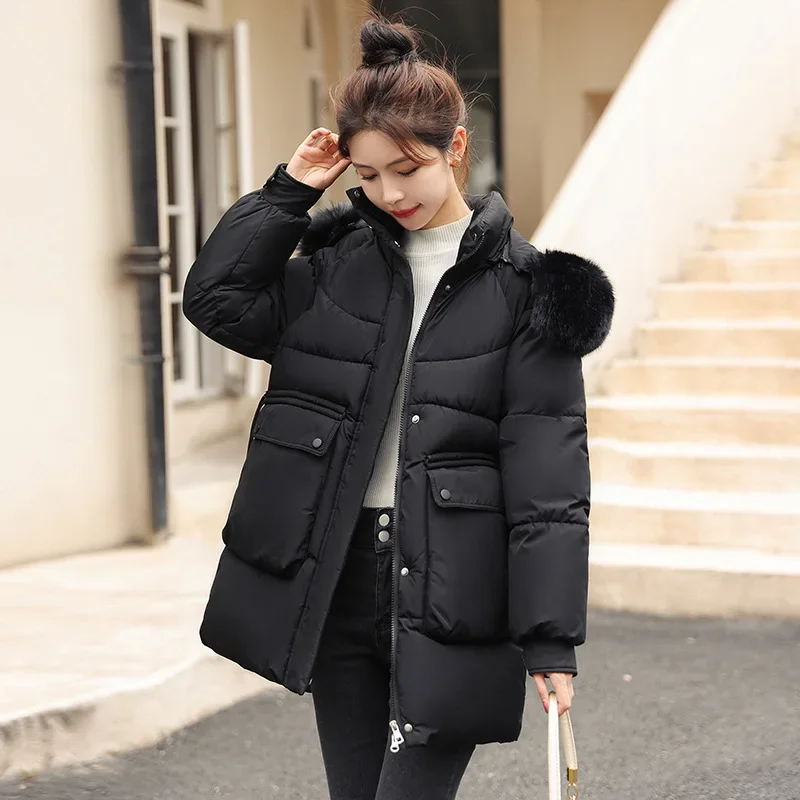 2023 Pelz kragen Mode Winter Frauen kalten Mantel Kapuze dicke warme übergroße Parkas koreanischen Stil Winter jacke mit großen Taschen