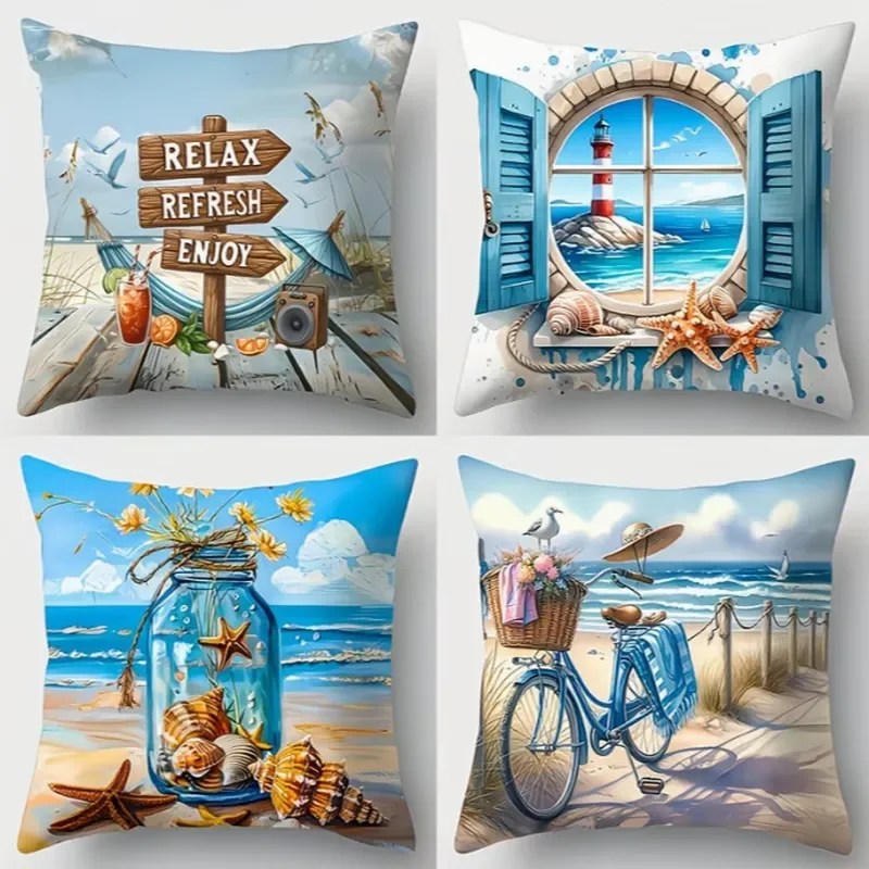 Temu hot summer sea wind beach shell print pillow cover outdoor farmhouse decorative pillow by pillowcase