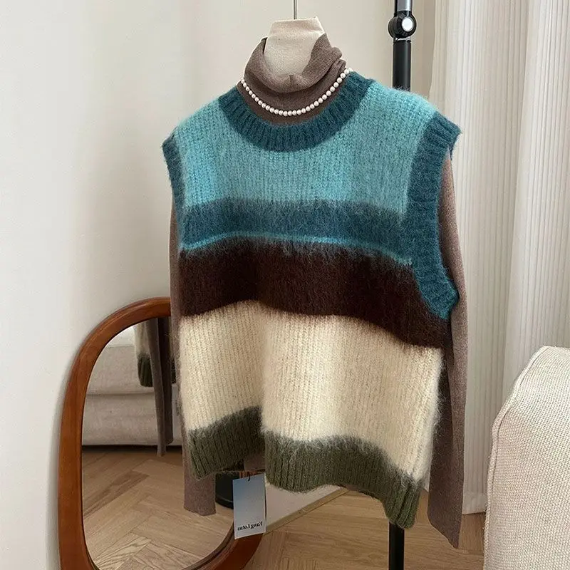 

Elegant Temperament Autumn Winter 2024 New Patchwork Striped Sweater Tank Top Femme Korean Knitting Sleeveless Pullovers Top Tee