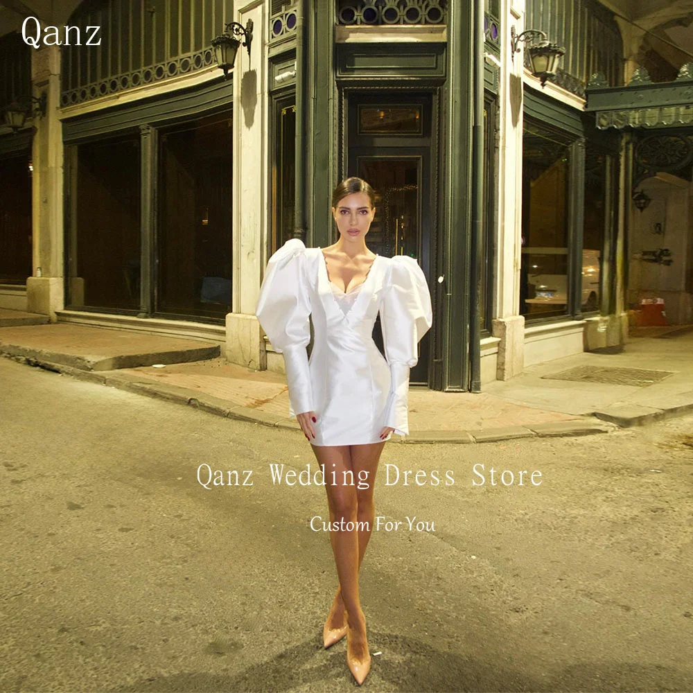

Qanz Modern White Wedding Dress Satin Long Puff Sleeves Mini Vestidos De Novia Deep V Neck Short Women Bridal Gowns Customized