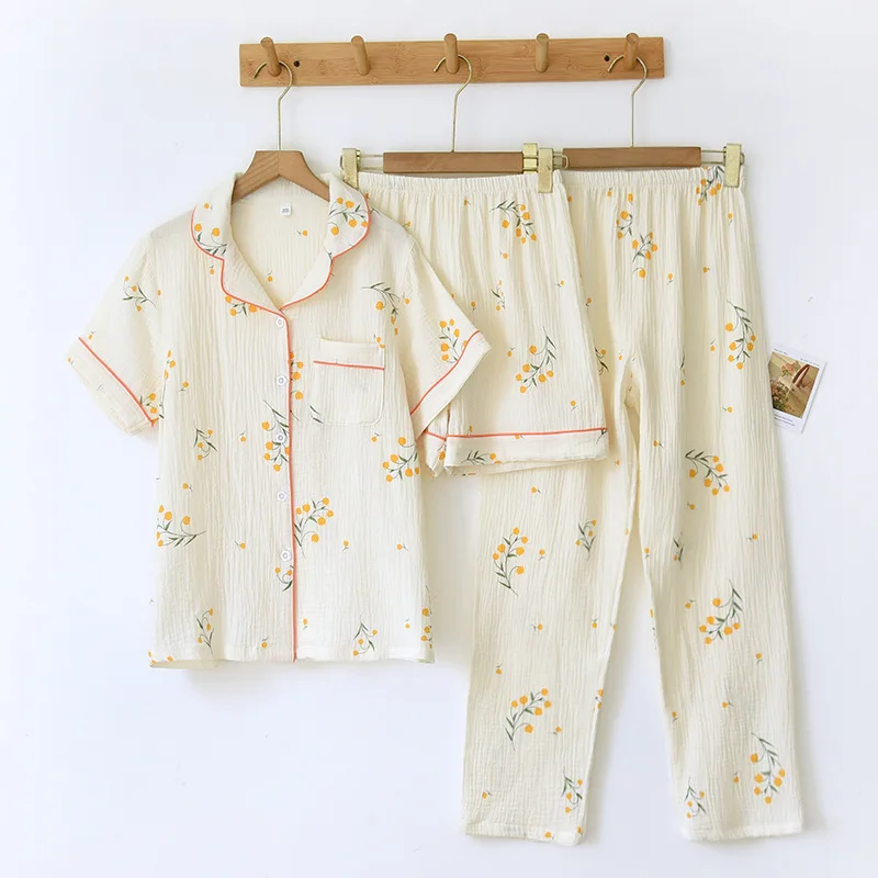 New summer women\'s cotton crepe three-piece short sleeve + shorts + trousers large size simple flower pajamas home service suit