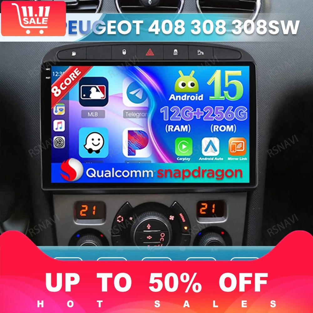 Android 15 Car Radio For Peugeot 408 308 308SW Qualcomm 4G LTE Stereo BT QLED 5G WIFI Autoradio Multimedia Wireless Carplay Auto