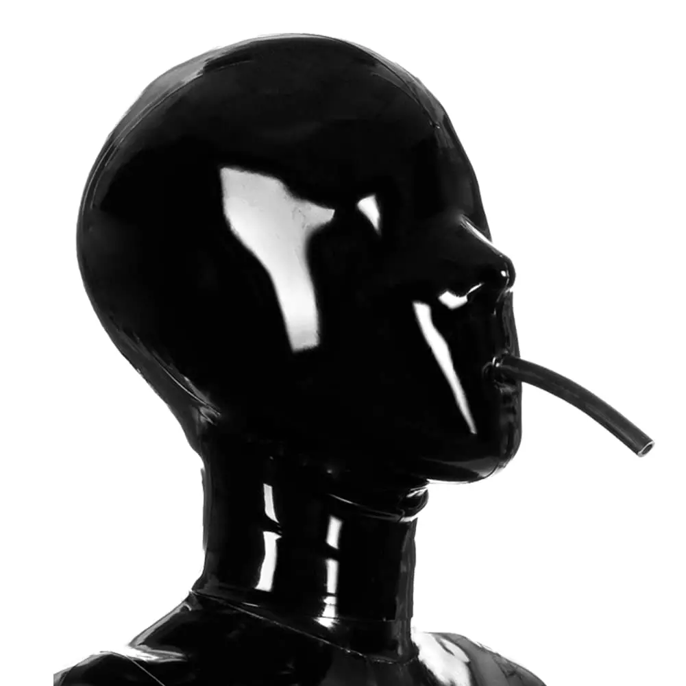 Latex Hood Mask with Mouth Tube Full Face Breathing Zipped Latex Mask