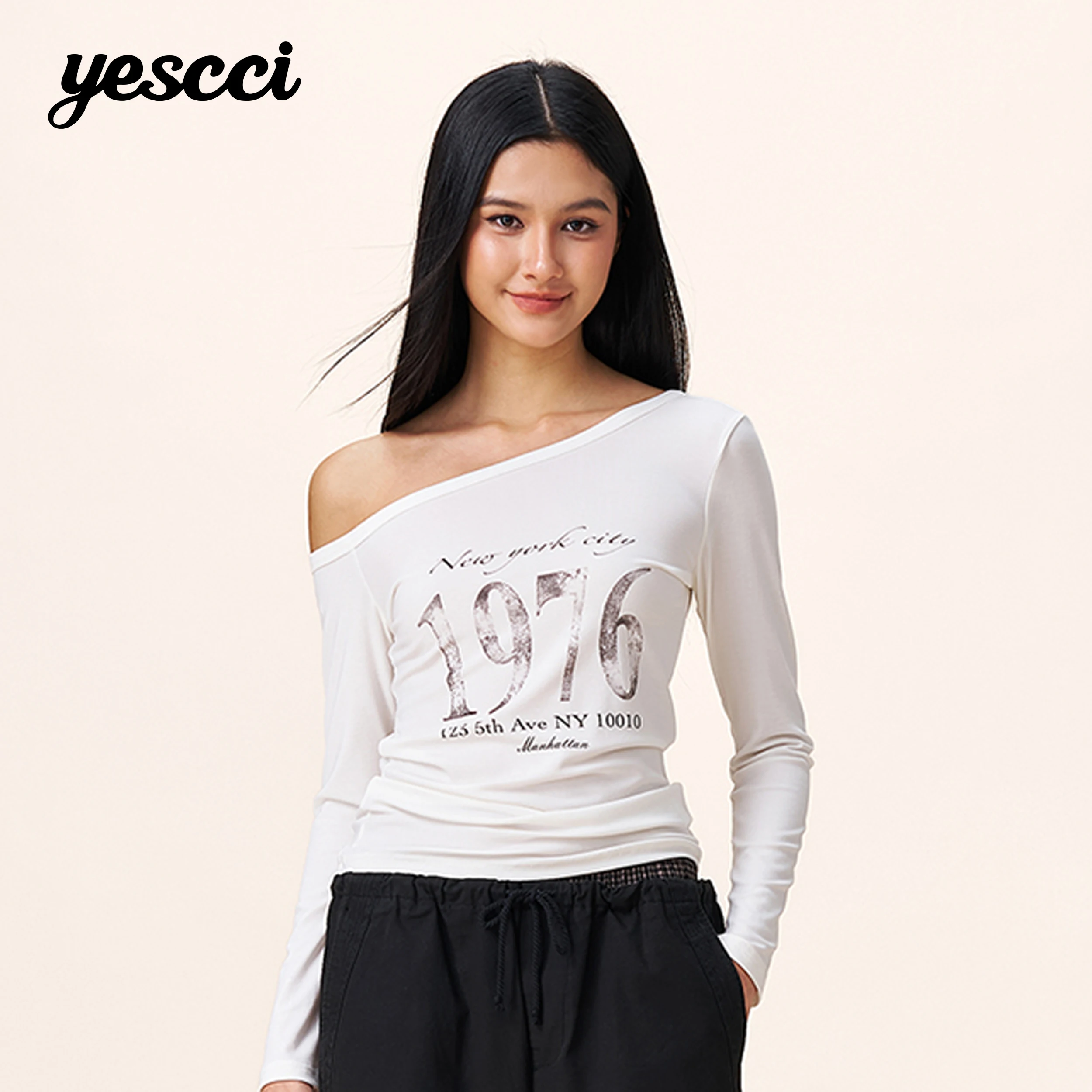 YESCCI Women's Tee 2026 Summer New Letter Print Off Shoulder White Long Sleeve Top Chic Casual Slim T-Shirt For Women S56321631