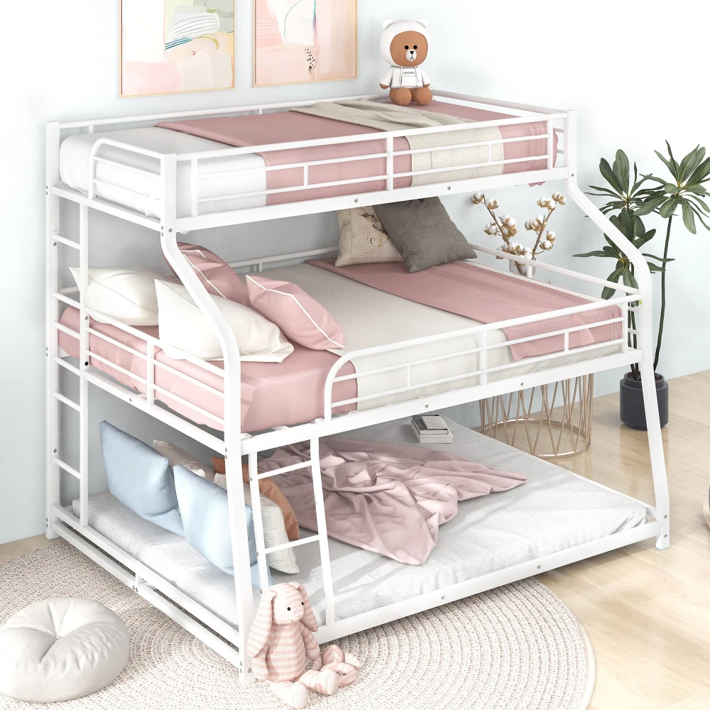 

Twin Full Queen Triple Bunk Bed with Long and Short Ladder and Full-Length Guardrails,Black Kid Bed Boys Bed Children Furniture