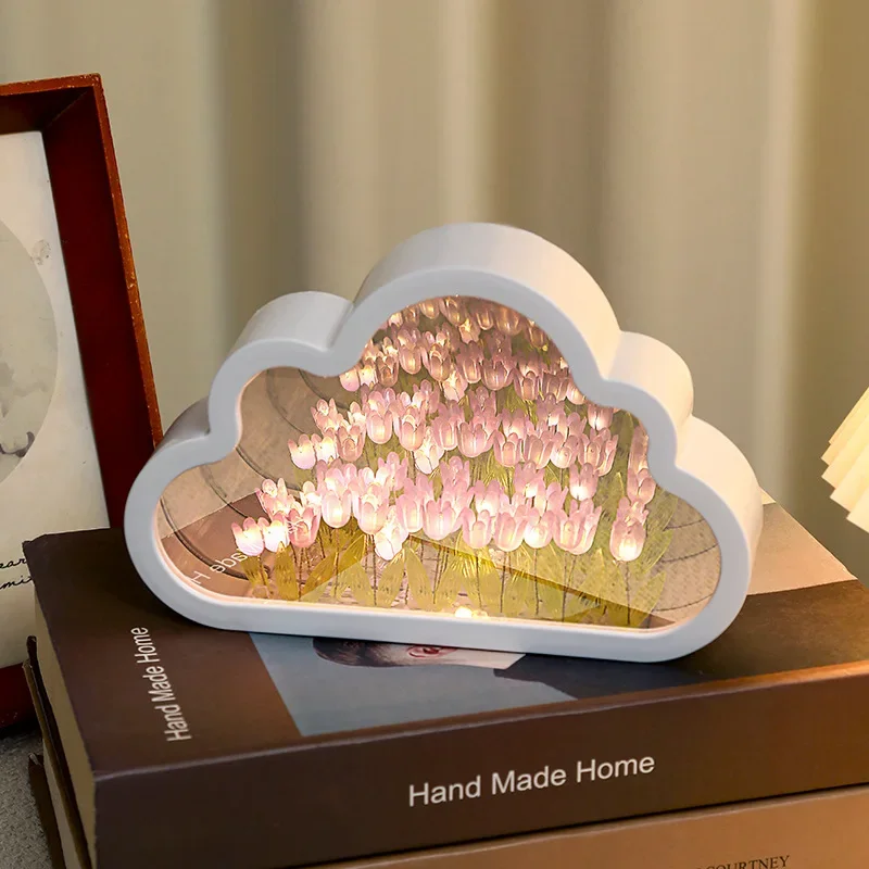 

Handmade DIY Tulip Flower Sea Night Atmosphere Lamp Clouds Tulip Lamp LED Night Light Mirror Table Lamp Bedroom Decor Lights New