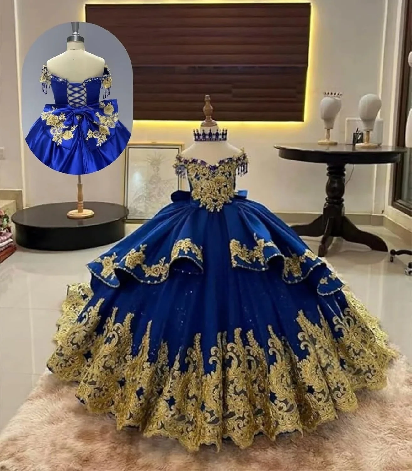 Custom Girls Luxury Off Shoulder Gold Embroidered Satin Ball Gown Flower Girl Dress Wedding Party Gown Birthday Party Pageant