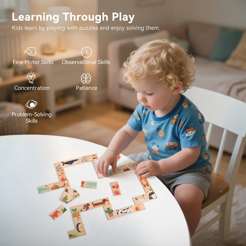 

The Baby Montessori Domino Puzzle Toy Features Cartoon Patterned Dominoes With Smooth Edges That Are Super Fun For Babies