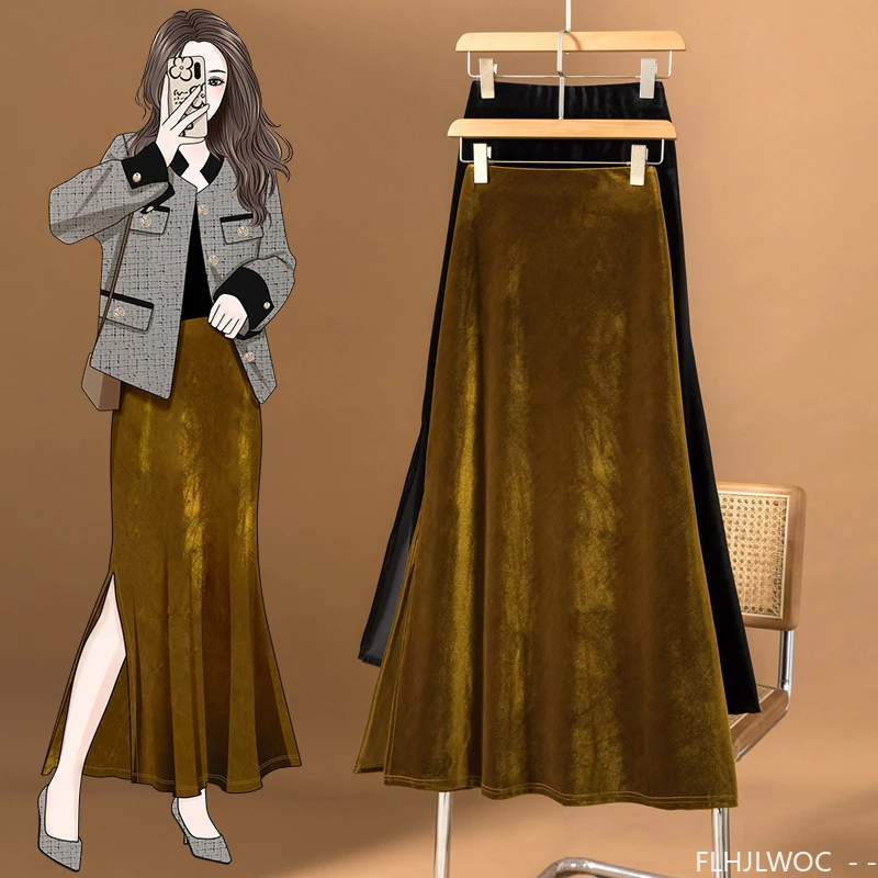 بلينغ برايت حورية البحر المخملية التنانير الكورية نمط مثالية للتخسيس تشكيل امرأة الخريف عالية الخصر مثير طويل سبليت ماكسي التنانير