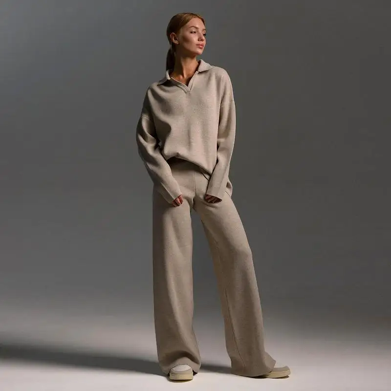 Autumn Winter Knitted Sweater Set for Women  Collar Fashionable Versatile Four Seasons Suitable for All
