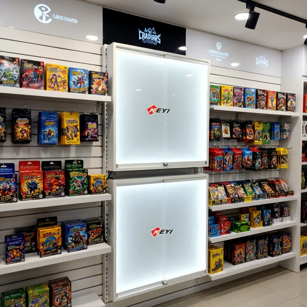 Wall Mounted Metal Trading Card Display Rack Games Store LED Lighting Graded Card Collectible Display in Acrylic Lockable Doors