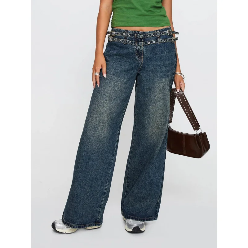 

2025New European and American Style2025Women's Personality Street Adjustable Buckle Waist Side Pocket Detail Loose Trousers