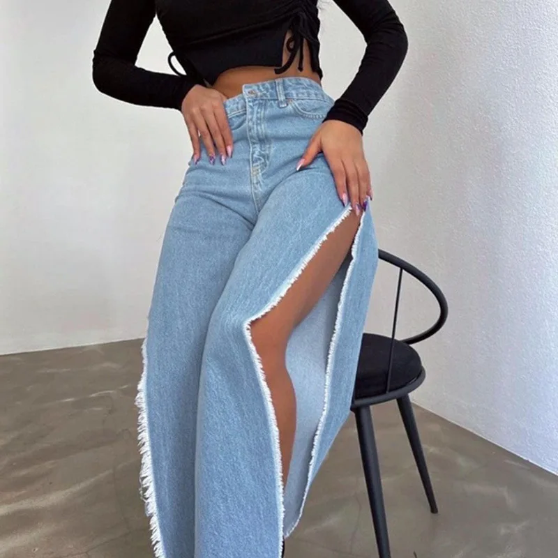 Jeans Divididos de Cintura Alta Lateral para Mulheres, calça preta solta casual, perna larga, calças largas longas, streetwear de verão, nova, Y2K