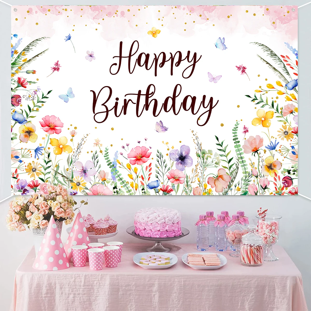 

Wildflower Background Happy Birthday Backdrop Spring Flower Theme Party Supplies Kids Friends Baby Shower Party Decoration