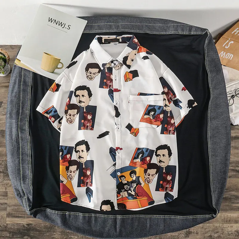 EBAIHUI Summer Personalized Print Men's Shirt Vintage Funny Korean Edition Male Short Sleeved Blouse Loose Flip Collar Blusas