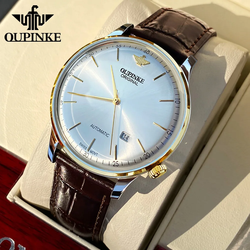 OUPINKE 3269 Swiss Automatic Man Watch Genuine Leather Strap Ultra Thin 7.33 Mechanical Watch High Quality Luxury Men's Watches