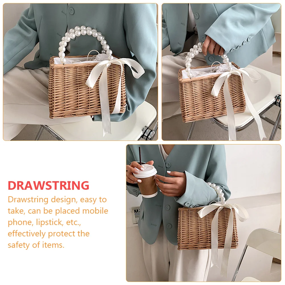 Manual Pearl Handbag Travel Woven Basket Tote Purse for Women Straw Beaded Beach