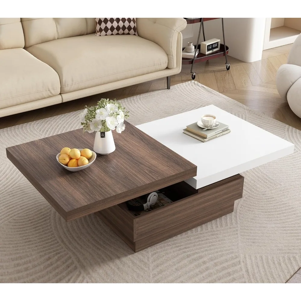 Rotatable Top Nesting Coffee Table with Hidden Storage for Living Room Center, Modern Apartment Wood Furniture