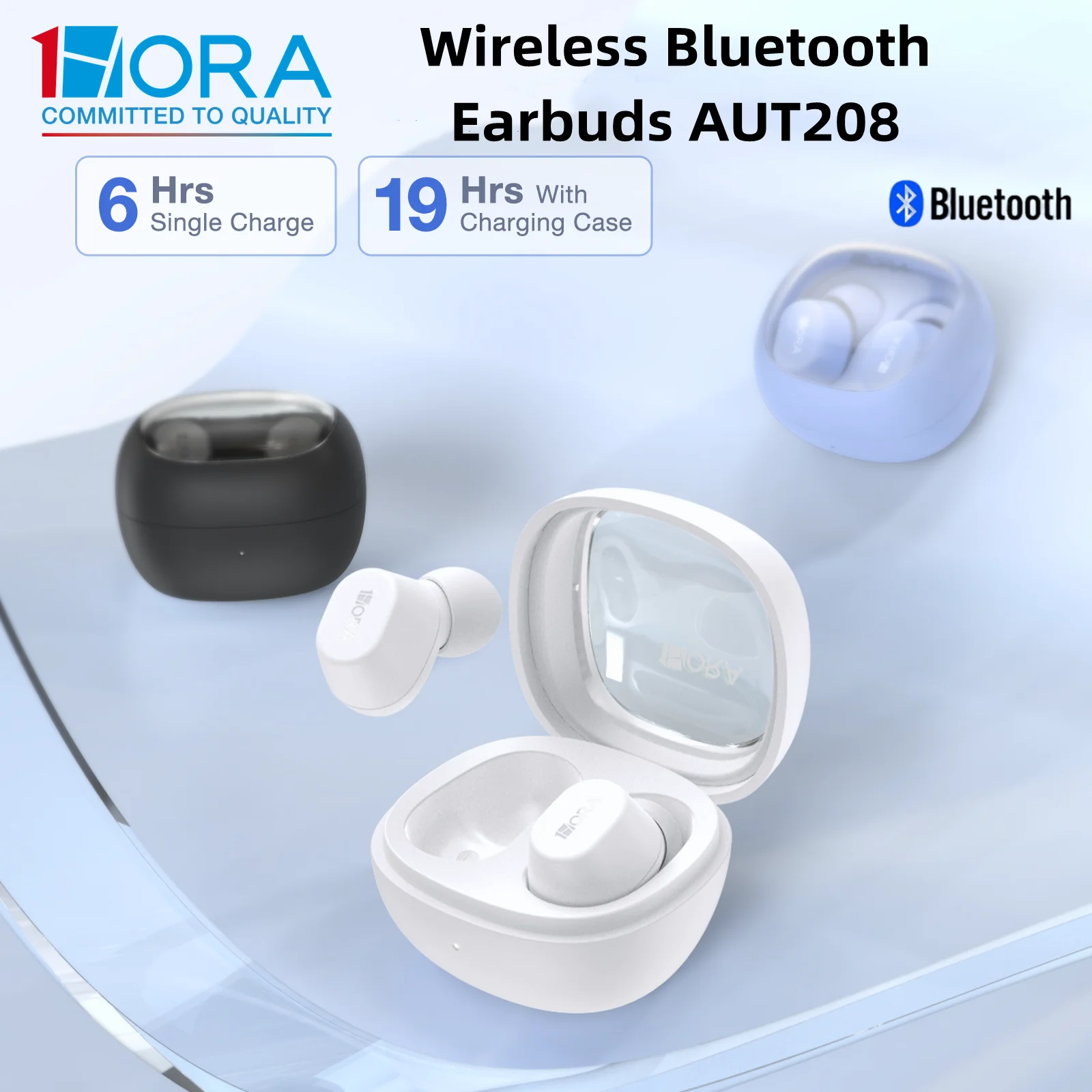 1HORA AUT208 سماعات أذن لاسلكية بلوتوث 5.3 من النوع C شحن داخل الأذن سماعة أذن توافق واسع لـ IOS/Android أبيض/أسود/أزرق